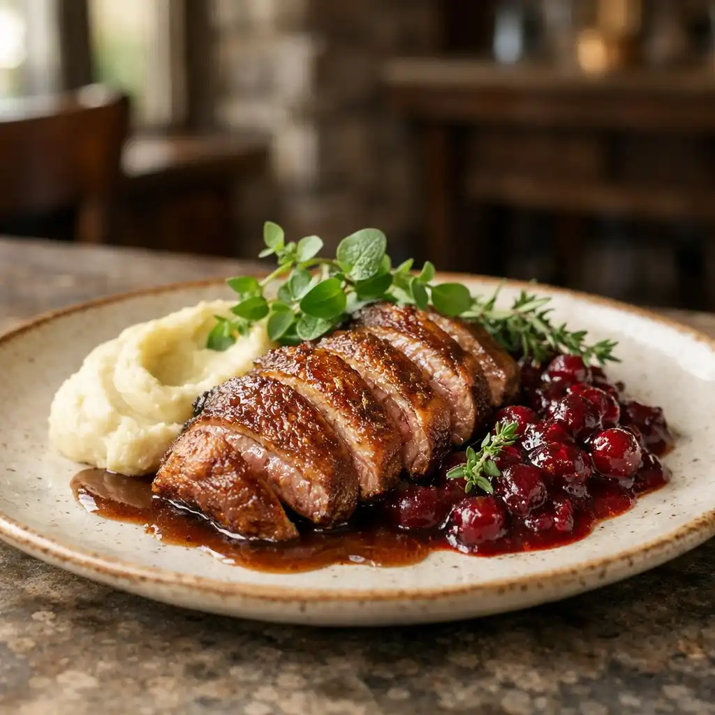 Eleganckie danie kuchni polskiej na kamiennym stole w restauracji Polvesda