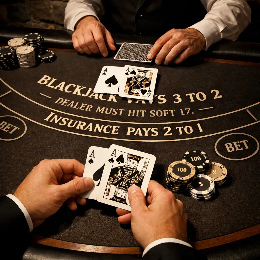 Stół do blackjacka z kartami i żetonami, ręce gracza i krupiera