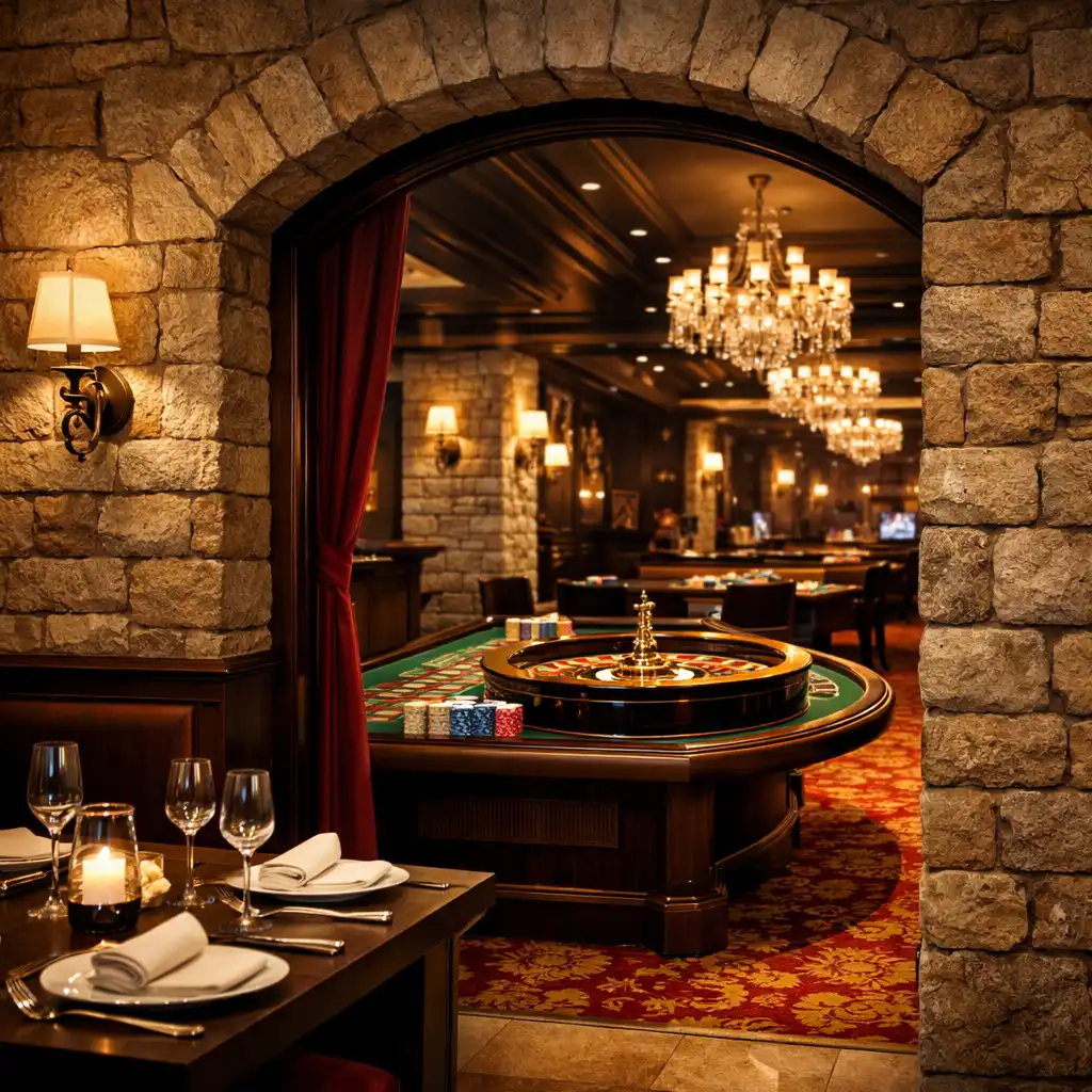 Przejście z restauracji do kasyna z widokiem na stół do ruletki