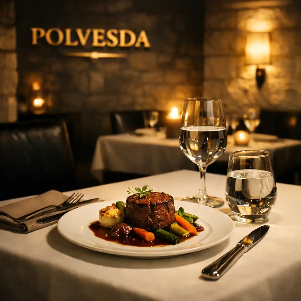 Elegancki stolik w restauracji Polvesda z wykwintnym daniem i kamiennymi ścianami