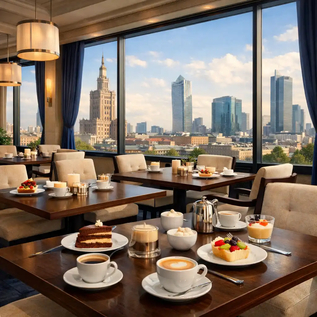 Elegancka sala restauracyjna Polvesdy z ciemnymi stołami, dużymi oknami i widokiem na warszawską architekturę